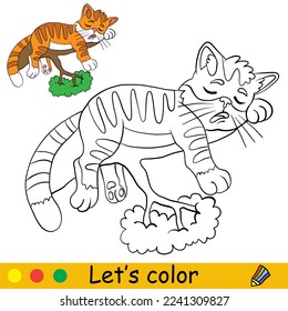Un gatito lindo durmiendo en una rama de árbol. Colorear la página del libro con la plantilla de color para los niños. Ilustración de dibujos animados de vectores aislados en fondo blanco. Para colorear libros, educación, impresión, juego.