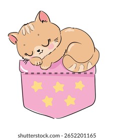  Cute kitten sleeping in pink star box. Baby cat nursery illustration vector hand drawn