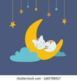 Cute kitten is sleeping sweetly on the moon, colorfull stars and clouds, vector illustration
