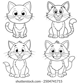 Cute kitten smile cartoon coloring page. Cat bundle concept isolated premium vector illustration. Coloring page for kids