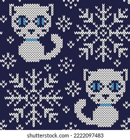 Cute kitten and snowflakes jacquard knitted seamless pattern. Christmas winter background. Vector illustration.