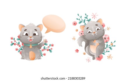 Cute kitten with speech bubble. Lovey grey cat animal lying in flowers cartoon vector illustration