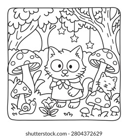 Cute kitten standing among giant mushrooms in a magical forest, black and white coloring page for kids