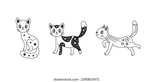 Cute kitten with stars doodle set. Trendy black line art celestial cats collection. Modern hand drawn anime animals with big eyes. Vector illustration on white background