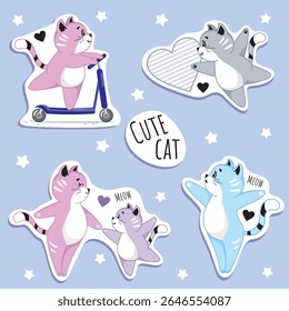 bonito conjunto de adesivos de gatinho, gato azul, gato rosa, pau, adesivos engraçados, gatinho em um fumado, mãe e bebê, caracteres bonitos, fofo, para crianças, para meninas, impressão, tecido, scrapbooking, caso, amor, 14 de fevereiro
