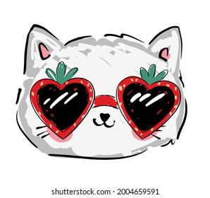Cute Kitten in Strawberry  sunglasses vector illustration hand drawn Childrens summer trend print sketch cat   