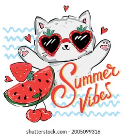 Cute Kitten in Strawberry  sunglasses and watermelon, cherry  vector illustration hand drawn Childrens summer trend print sketch cat, Summer Vibe lettering