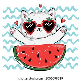 Cute Kitten in Strawberry  sunglasses and watermelon  vector illustration hand drawn Childrens summer trend print sketch cat