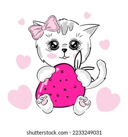 Cute kitten with strawberry vector design. Children illustration for School copy note books, pink hearts. Animal print.