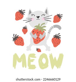 Cute kitten with strawberry vector design. Children illustration for School copy note books, pink hearts. Animal print.