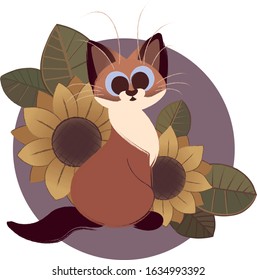 Cute kitten in sunflowers. This picture is suitable for postcards, stikers and advertising.