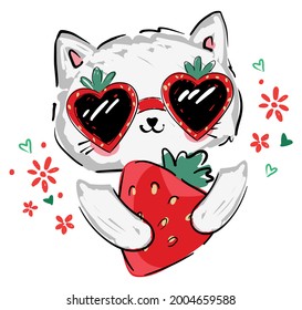 Cute Kitten in Sonnenbrillen und Strawberry Vektorgrafik handgezeichnet Childrens Summer Trend Sketch Katze   
