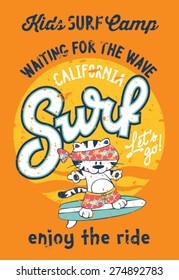 Cute kitten surfing camp, artwork for children wear grunge effect in separate layer