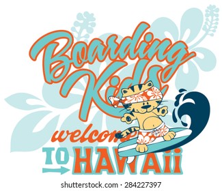 Cute kitten surfing Hawaii, artwork for children wear custom colors