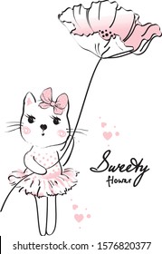Cute kitten with sweet big flower kids vector illustration for t shirt