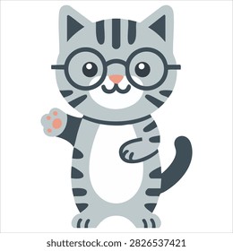 Cute kitten tabby and glasses flat vector graphic on white background