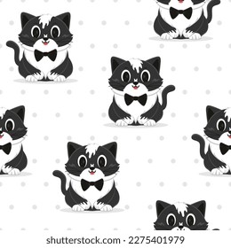 Cute Kitten with Tie Cartoon Vectors Pattern Backgrounds.