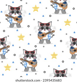 Cute Kitten with Ukulele Cartoon Vector Pattern Design.