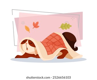 Cute kitten under blanket vector illustration. Cartoon domestic animal character at home. Autumn leaves on abstract background. Autumn or fall, pet concept