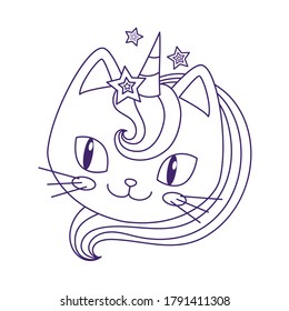 Cute kitten unicorn. Design for children. Black and white. Suitable for coloring books, prints, postcards, badges, postcards, stickers.
 Vector illustration.