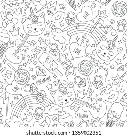 Cute kitten unicorn pattern on a white background. Black and white outline seamless pattern. Drawing for kids clothes, t-shirts, fabrics or packaging. Panda, ice cream, note, star, ring, guitar e.t.