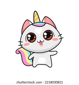 Cute Kitten Unicorn with rainbow tail - kawaii style vector illustration. Baby Cat Unicorn cartoon character isolated on white. Kids tee print design
