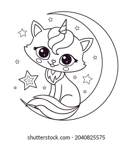 Cute kitten unicorn sits on the moon. Black and white linear drawing For the design of coloring books, prints, posters, postcards, stickers, etc. Vector