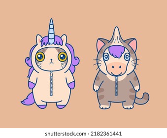 Cute kitten and unicorn in suits cartoon vector drawing.