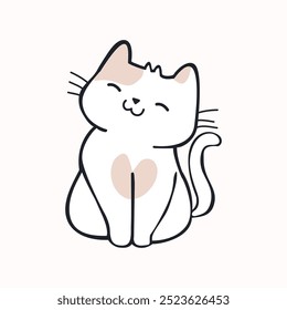 Cute kitten vector. Hand drawn vector. Outline cat on white background. White and pink kitten sitting on the ground. Cartoon animal. Sketch style design for t-shirt. Anime style kitty.