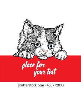 Cute kitten. Vector illustration for greeting card, poster, or print on clothes.