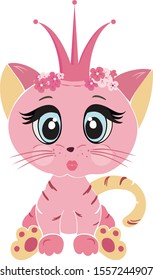 Cute kitten vector illustration isolated on white background. Pink cat with a crown in cartoon style. Cute illustration.