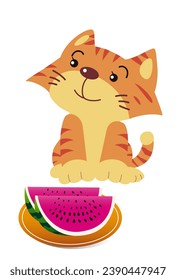 Cute gatito y sandía en una bandeja