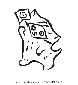 Cute kitten waving a flag. Hand-drawn in sketch style. Monochrome vector illustration. Isolated on white.