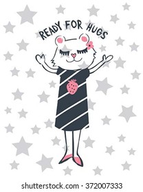 A cute kitten wearing a dress with stars in the background and ready for hugs