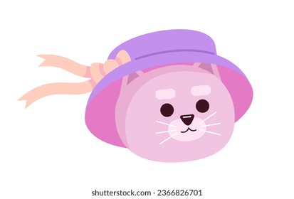 Un gatito lindo vestido con cabeza de personaje vectorial semi-plana con cinta de cintura. Gato Kawaii con sombrero de cubo infantil. Icono de avatar de caricatura editable. Ilustración de puntos coloridos para diseño gráfico web, animación