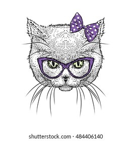 Cute kitten wearing glasses and a bow. Vector illustration. Drawing for greeting cards, prints on clothes or poster. Girl.