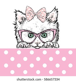 Cute kitten wearing glasses and a bow. Vector illustration. Beautiful cat.