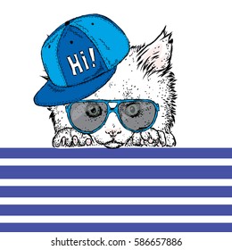 Cute kitten wearing glasses and a cap. Vector illustration. Beautiful cat.