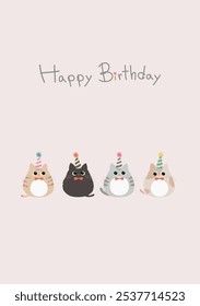 Cute kitten wearing a party hat with Happy Birthday font. Cat in different color in flat style vector illustration. Birthday party card design with pink background.