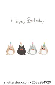 Cute kitten wearing a party hat with Happy Birthday font. Cat in different color in flat style vector illustration. Birthday party card design.