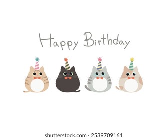 Cute kitten wearing a party hat with Happy Birthday font. Cat in different color in flat style vector illustration. Birthday party card design.