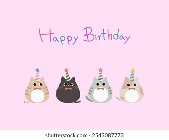 Cute kitten wearing a party hat with Happy Birthday font. Cat in different color in flat style vector illustration. Birthday party card design.