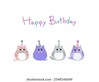 Cute kitten wearing a party hat with Happy Birthday font. Cat in different color in flat style vector illustration. Birthday party card design.