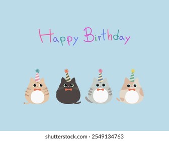 Cute kitten wearing a party hat with Happy Birthday font. Cat in different color in flat style vector illustration. Birthday party card design.