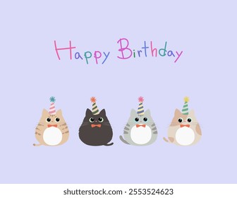 Cute kitten wearing a party hat with Happy Birthday font. Cat in different color in flat style vector illustration. Birthday party card design.