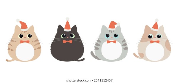 Cute kitten wearing a Santa Claus hat vector illustration. Cat in different color  in flat style design isolated. Holidays season.