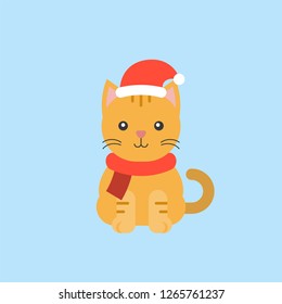 cute kitten wearing santa hat in flat design for christmas theme