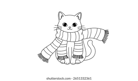 Cute kitten wearing striped scarf cozy winter animal illustration adorable