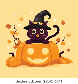 Cute kitten wearing a witch hat, inside a halloween pumpkin head, small pumpkin, vines with leaves, flat hand drawn style.