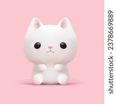 Cute kitten white baby cat little feline kawaii pet 3d icon realistic vector illustration. Adorable funny domestic animal furry positive kitty with ears paws smiling face expression isolated on pink